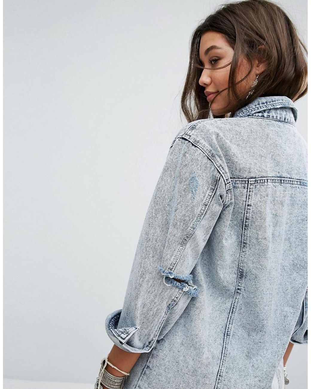 Blue Longline Distressed Denim Jacket  In The Style
