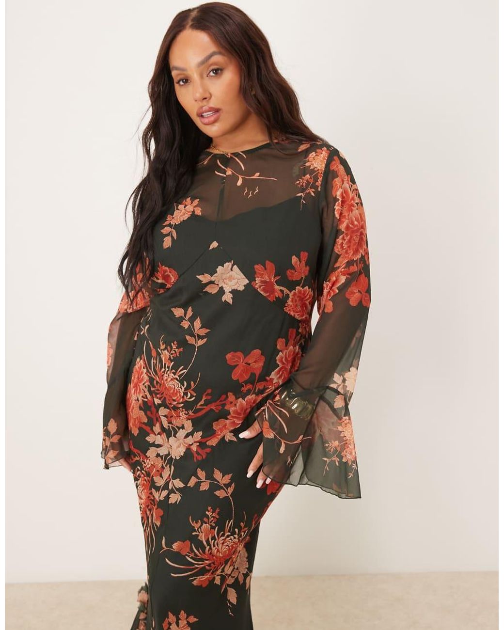 ASOS Asos Design Curve Long Sleeve Frill Seamed V Back Maxi Dress in ...