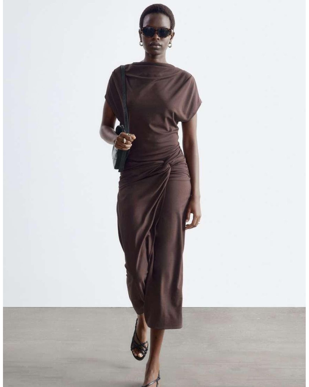 & Other Stories Brown Boat Neck Lock Sleeve Midi Dress With Side Knot Detail
