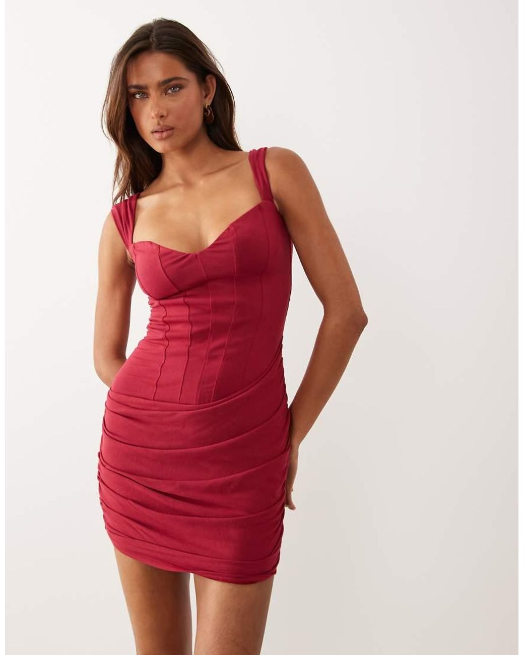 Oh Polly Red Modal Sweetheart Corset Detail Ruched Skirt Mini Dress