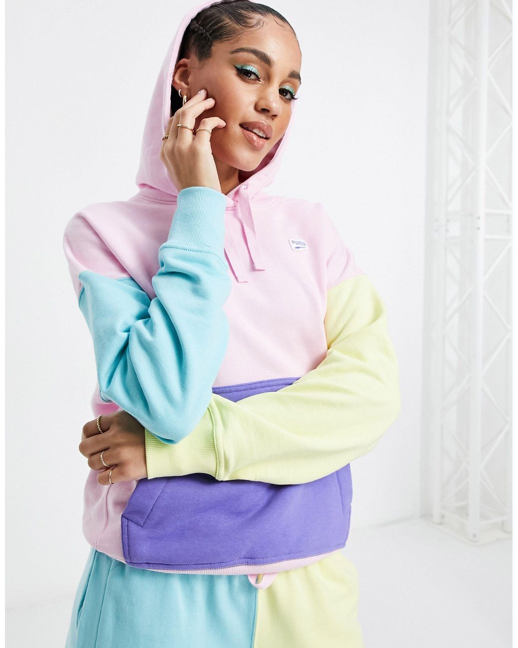 PUMA Downtown Colourblock Hoodie in Pink | Lyst