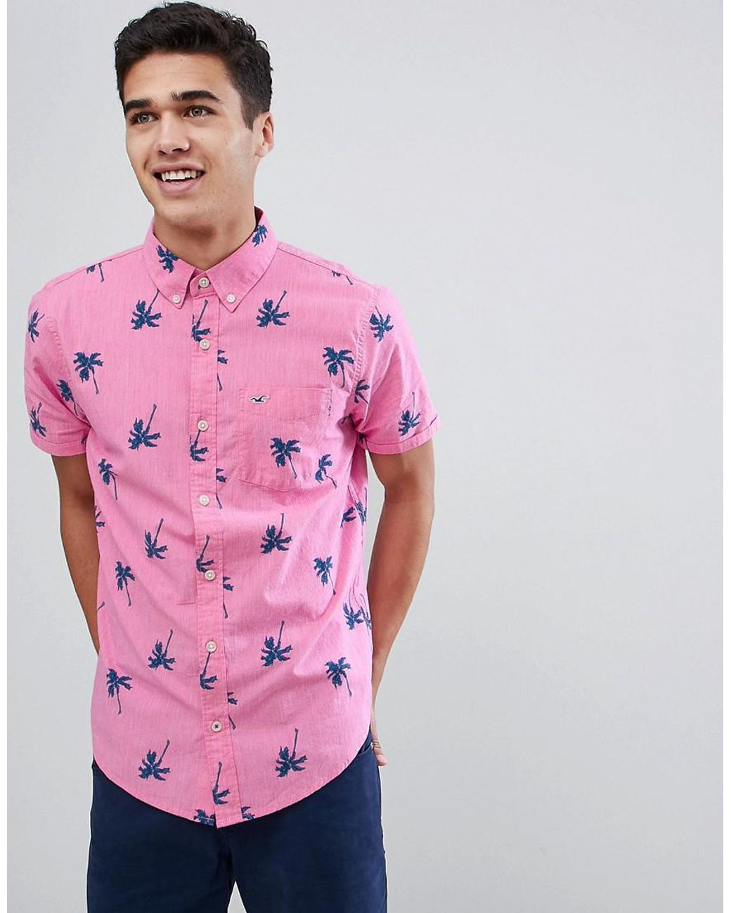 Hollister Short Sleeve Palm Tree Print Shirt Slim Fit In Pink for Men | Lyst