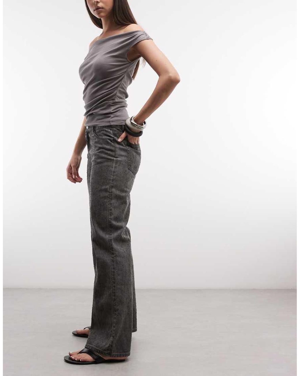 Weekday Gray Wide Leg Flare Trousers With Texture Detail