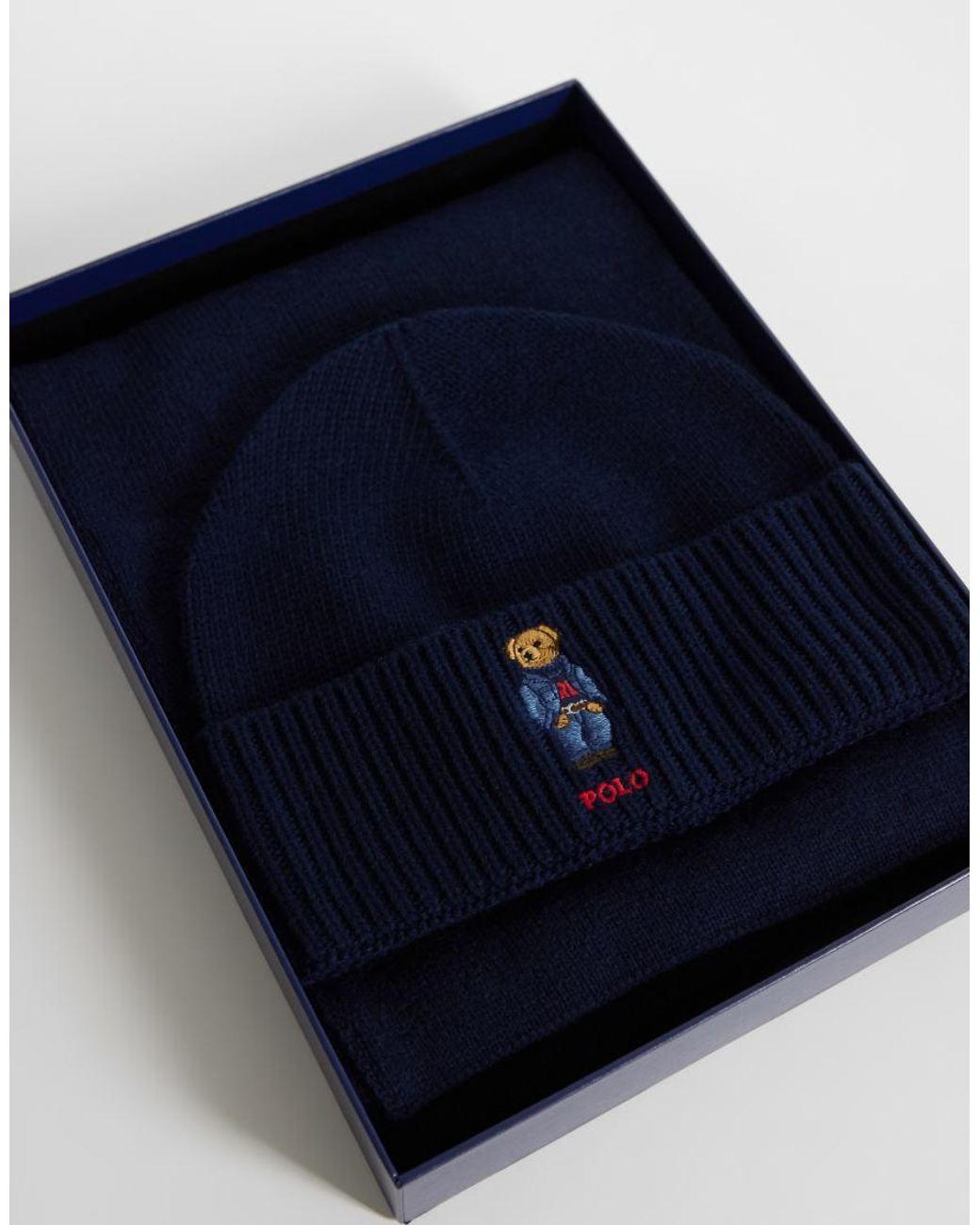 Polo Ralph Lauren Blue Bear Print Scarf And Beanie Gift Set for men