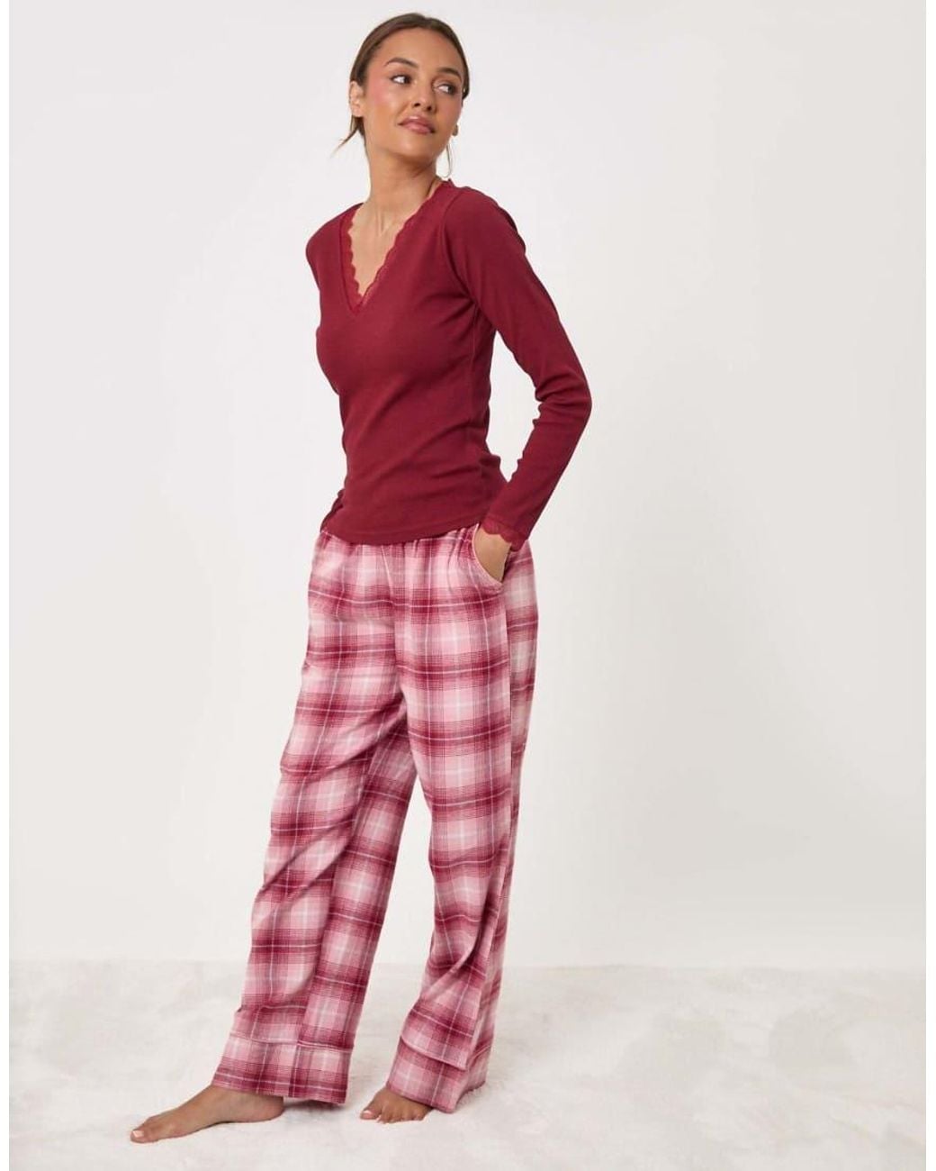 Threadbare Pink Petite V Neck Top & Flannel Bottoms Pyjama Set