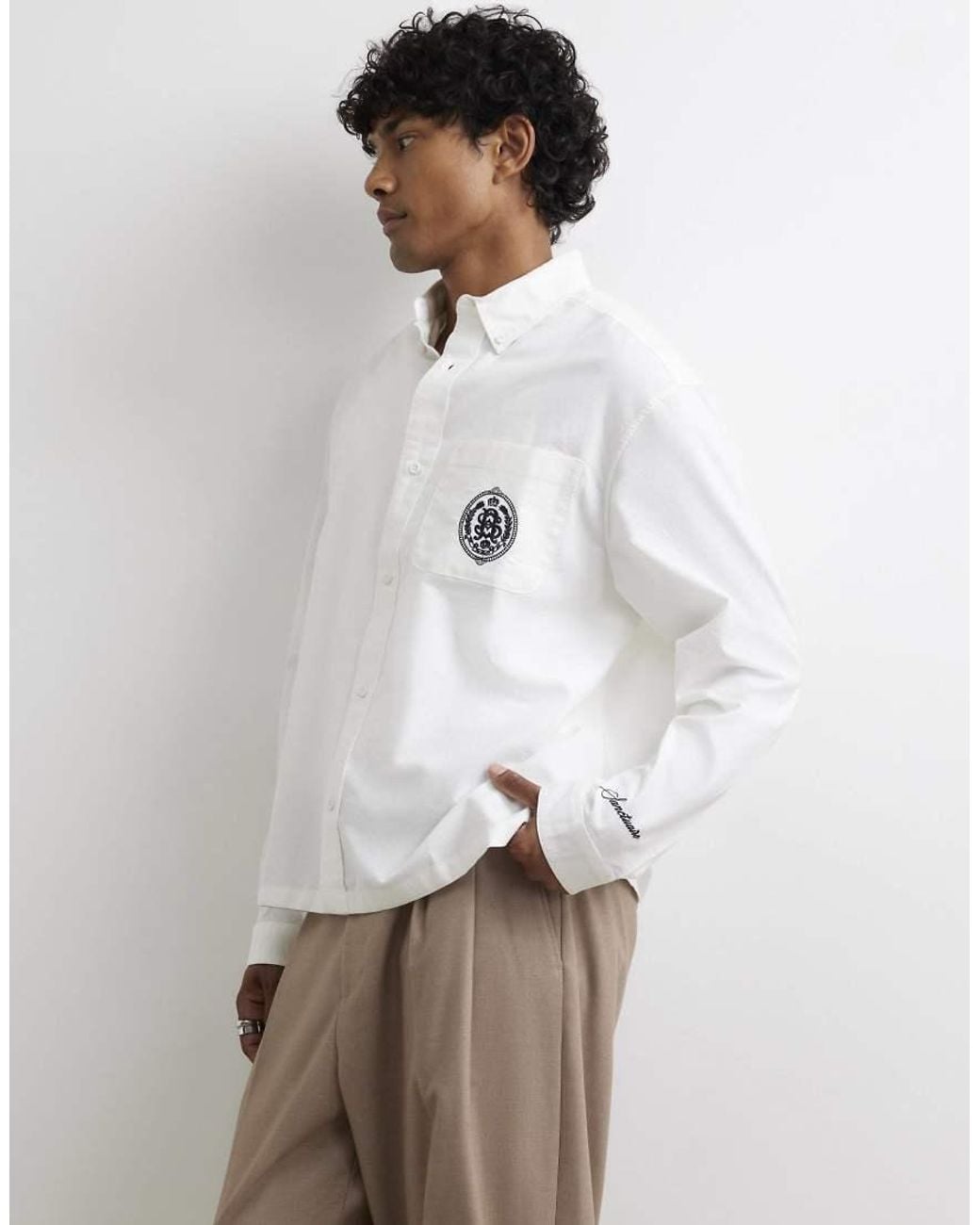 River Island White Cotton Embroidered Sanctuaire Shirt for men