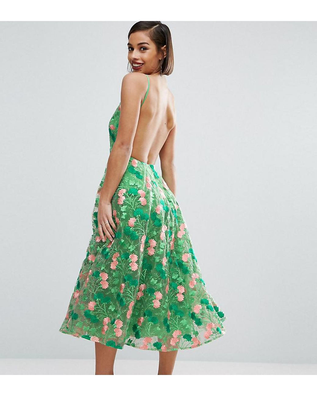 ASOS Salon Floral Embroidered Backless Pinny Midi Prom Dress in Green ...