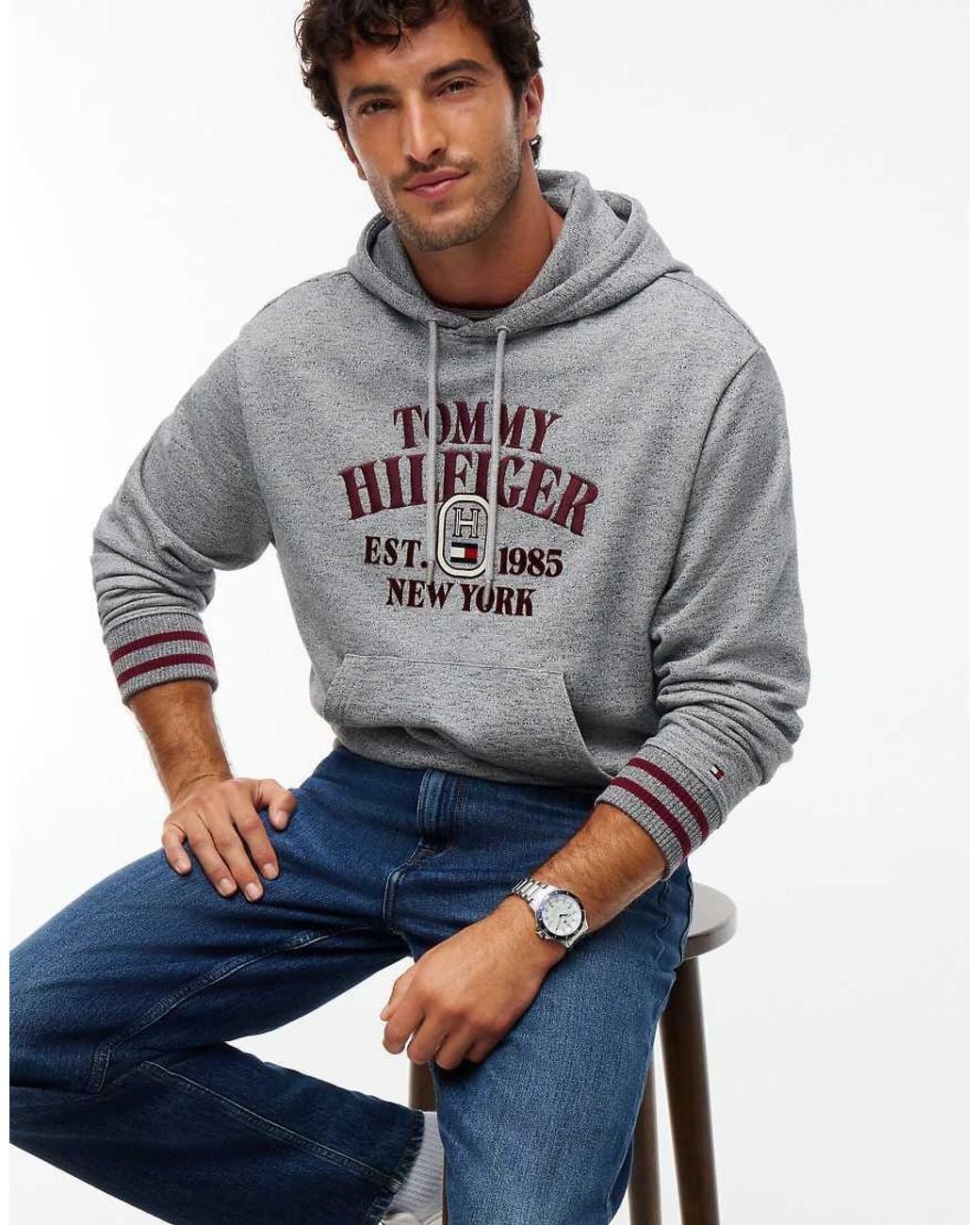 Tommy Hilfiger Gray Varsity Logo Embroidery Relaxed Hoody for men