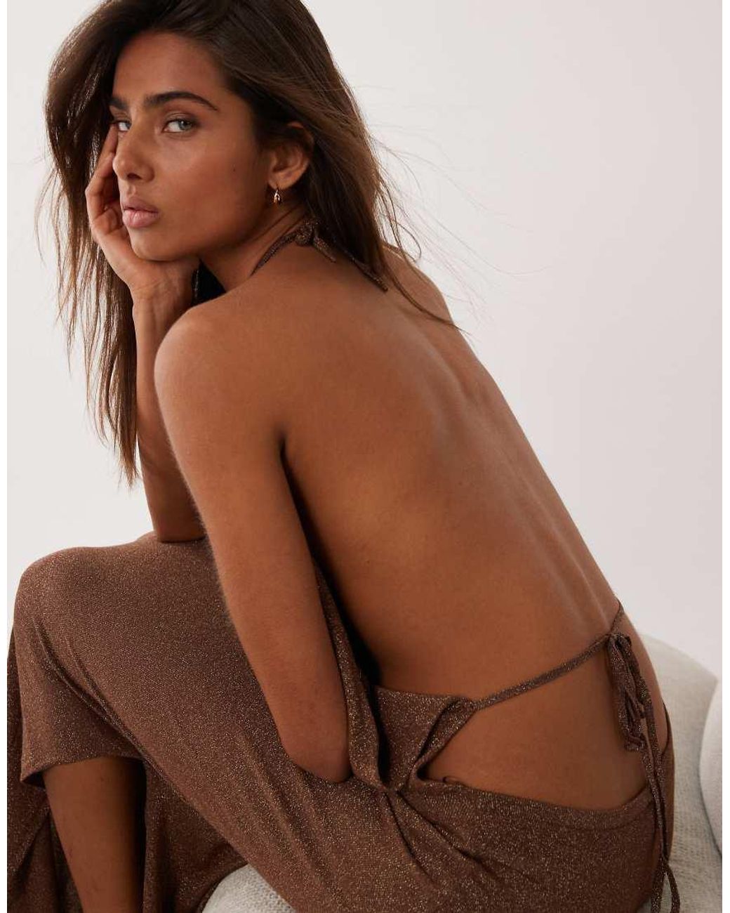Miss Selfridge Brown Halterneck Knitted Glitter Maxi Dress