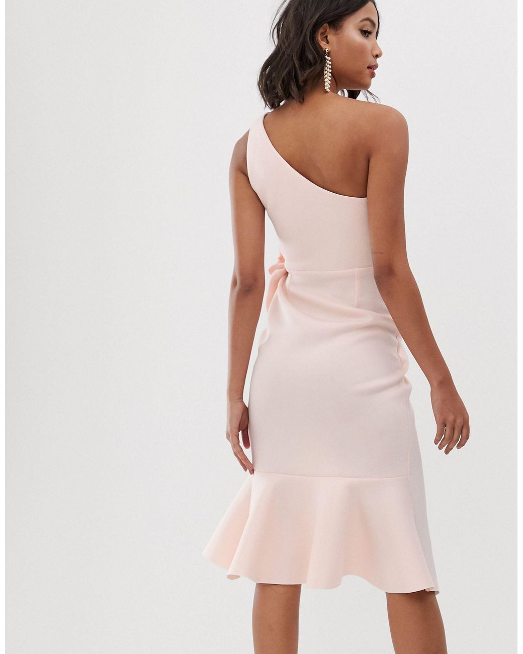 ASOS One Shoulder Tuck Detail Midi Dress in Pink | Lyst
