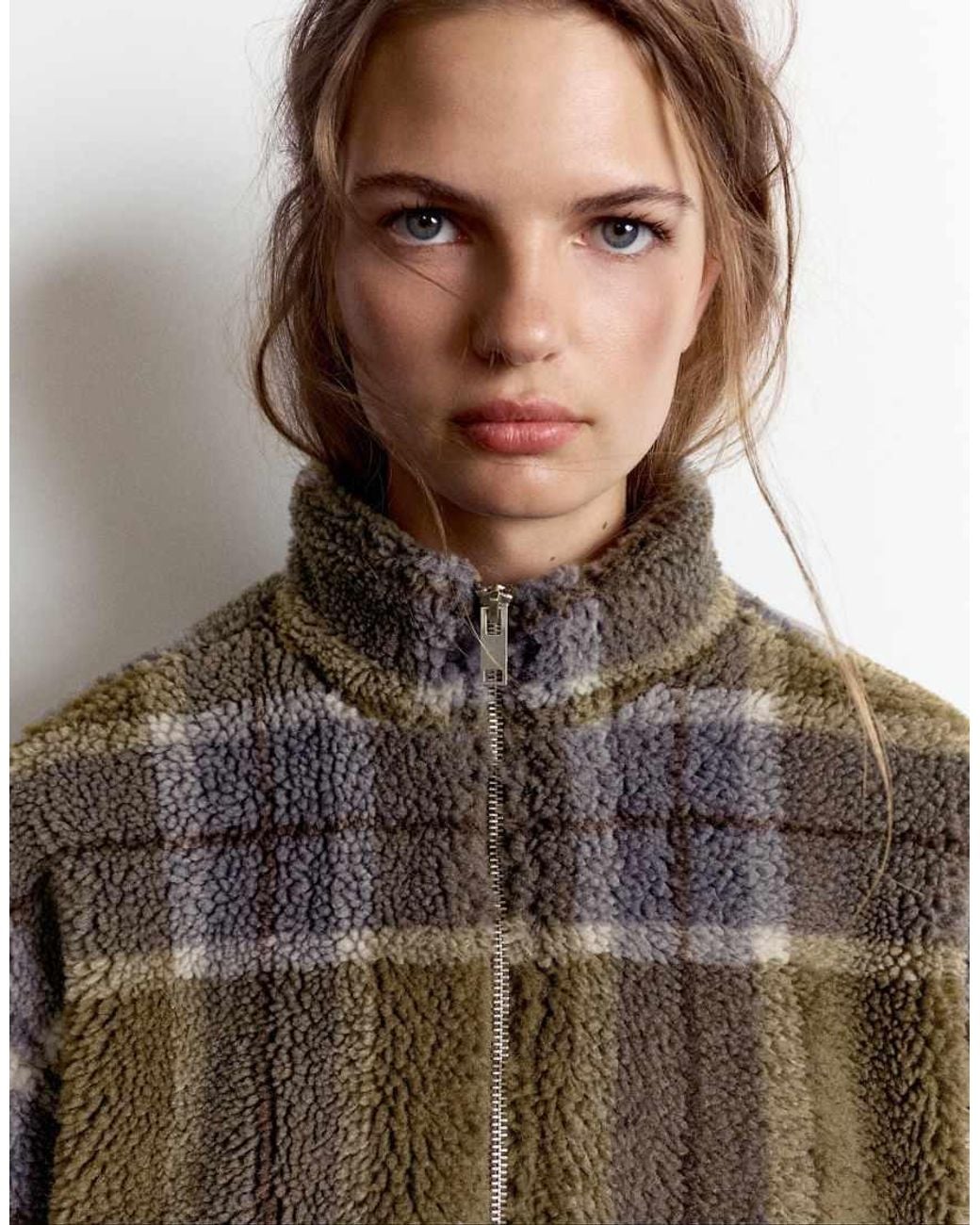 Pull&Bear Brown Check Faux Shearling Jacket