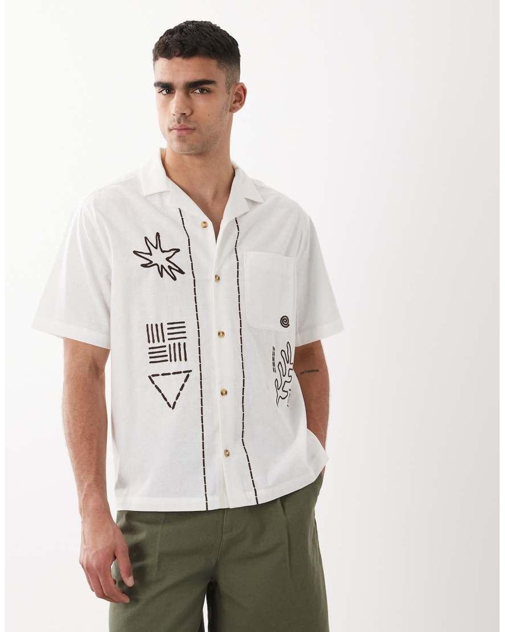 ASOS White Relaxed Shirt With Linen And Floral Embroidery for men