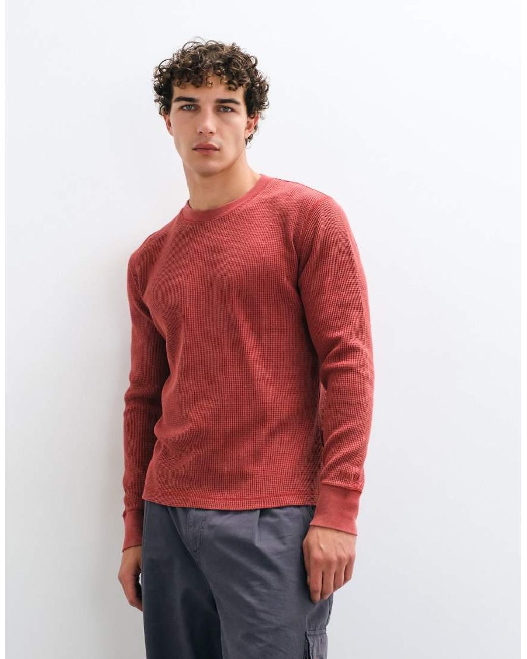 Hollister Red Waffle Long Sleeve Crew Neck Top for men