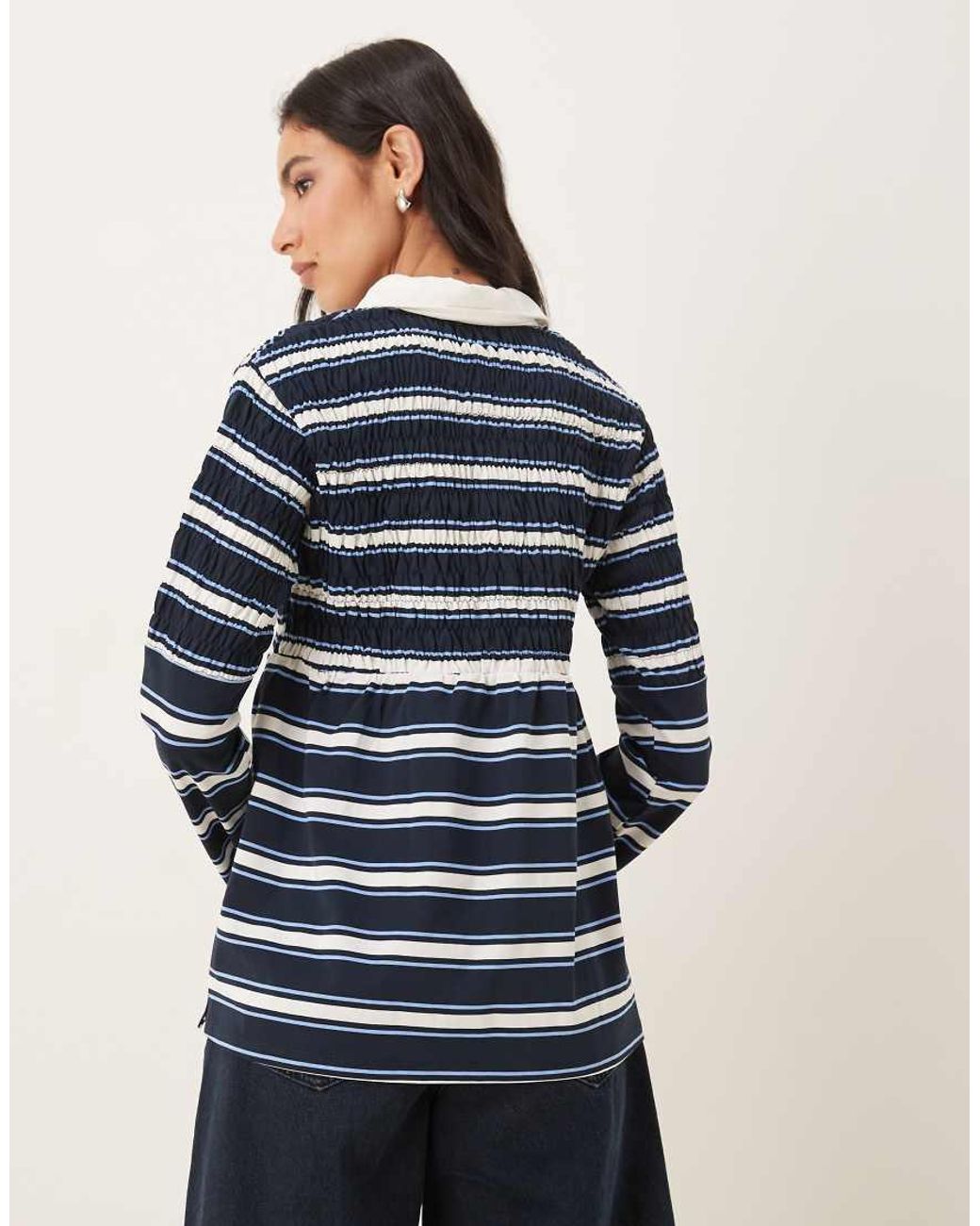 Nia Blue Barrington Shirred Striped Collared Polo Top