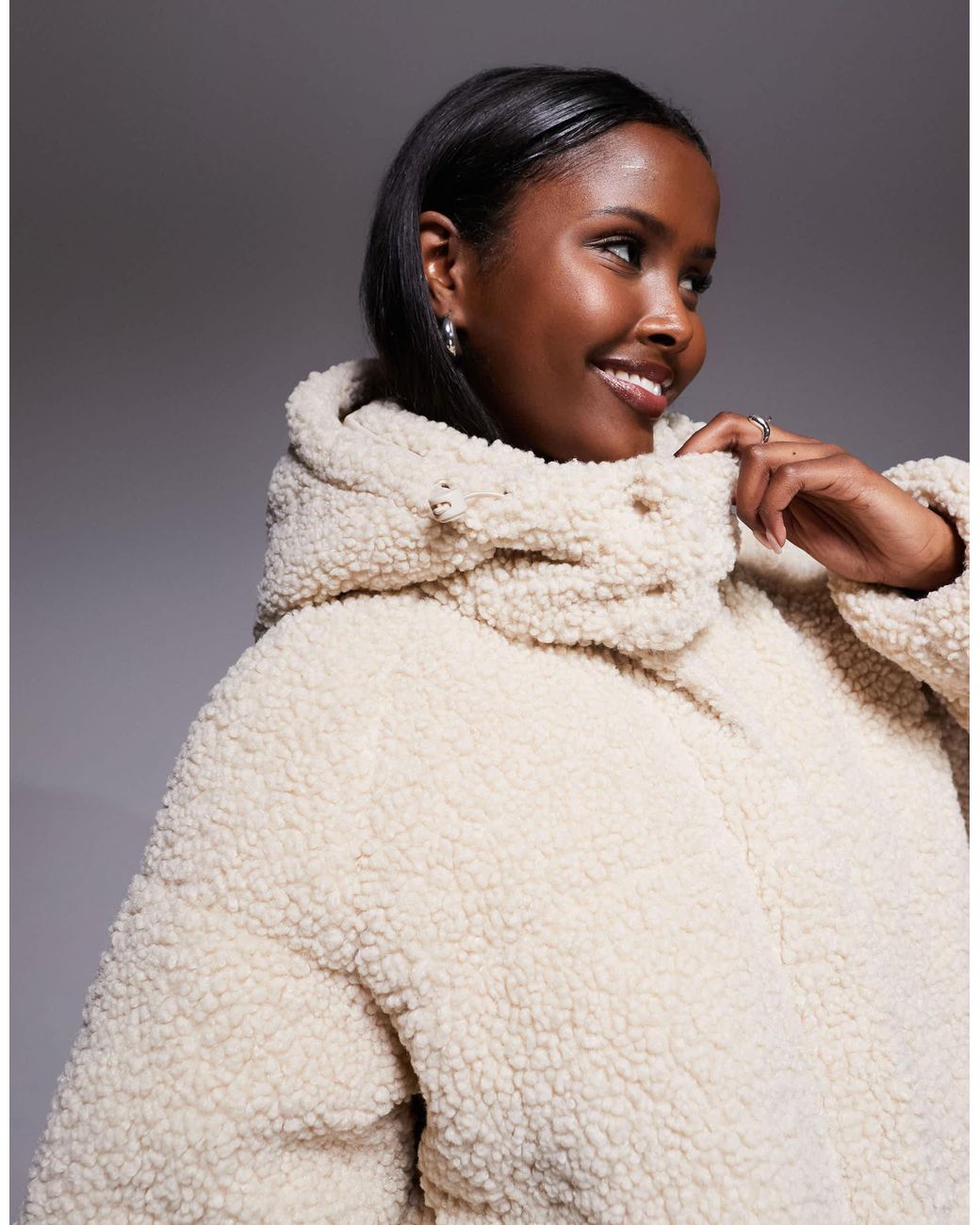 Threadbare Natural Ski Short Borg Puffer Jacket With Hood