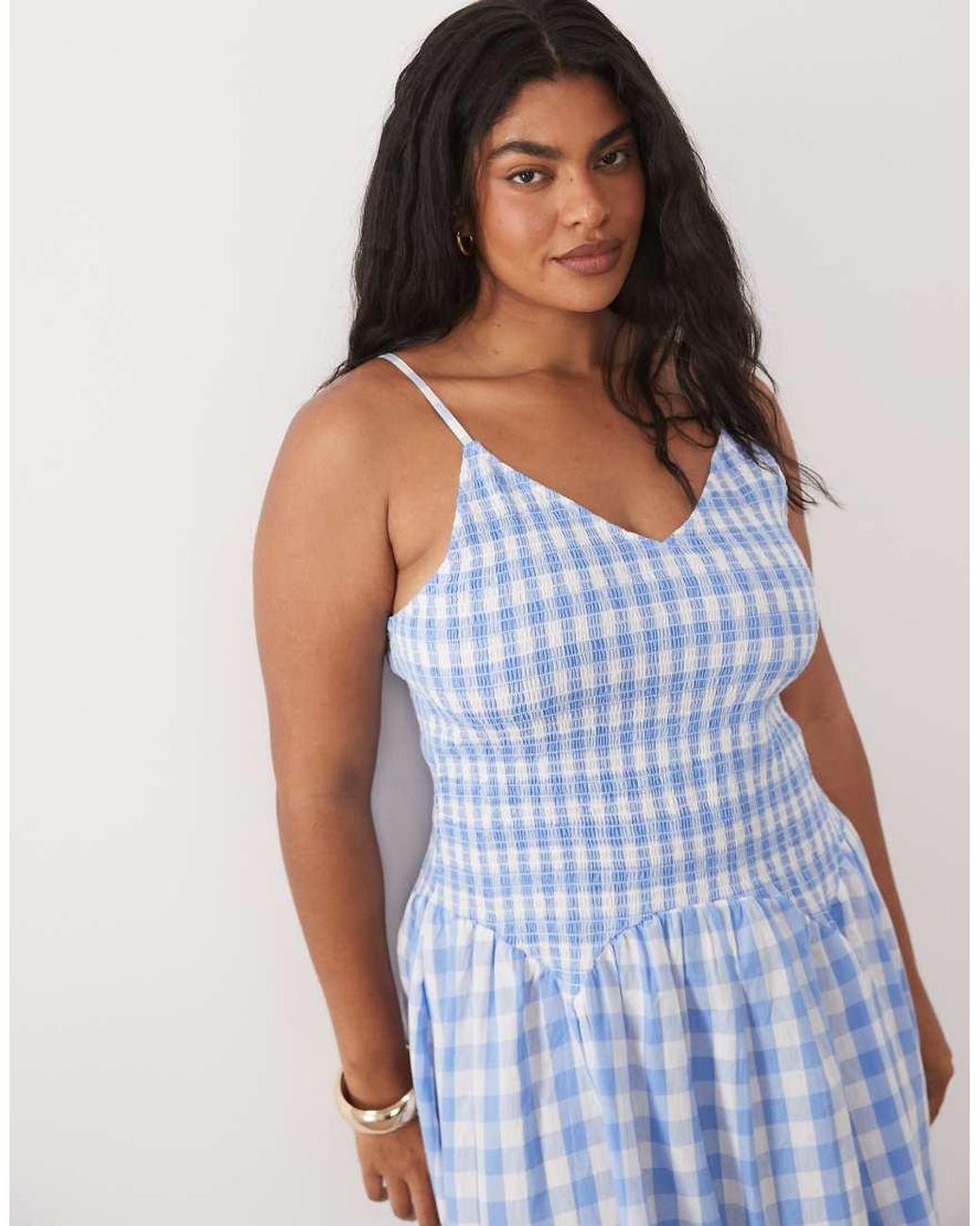 Esmee Curve Blue Shirred Drop Waist Maxi Beach Dress