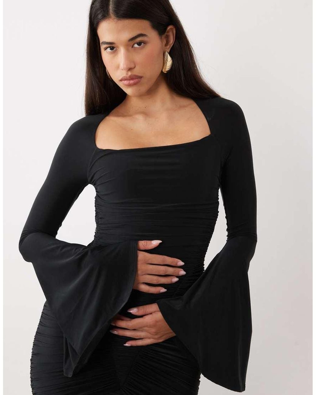 ASOS Black Slinky Square Neck Maxi Dress With Ruched Bodice