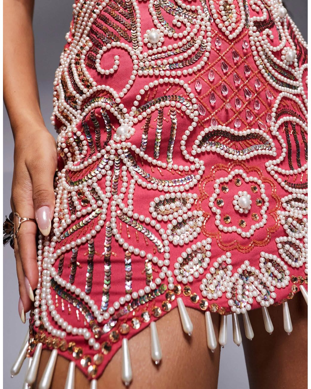 asos gem encrusted mini dress ASOS LUXE gem encrusted mini dress with pearl embellishment & scallop hem in mint