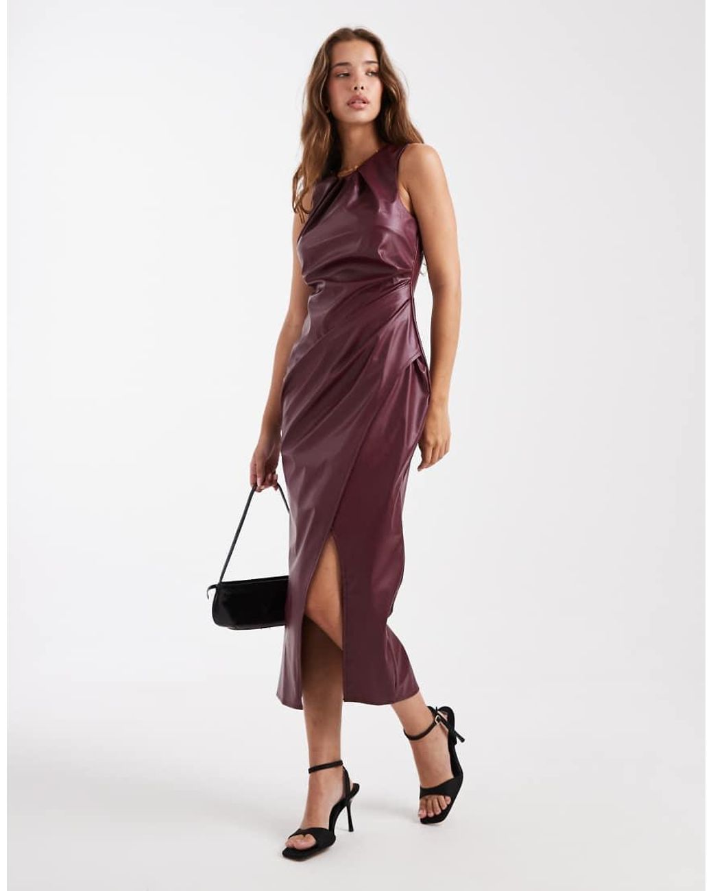 New Look Red Pu Ruched Wrap Midi Dress