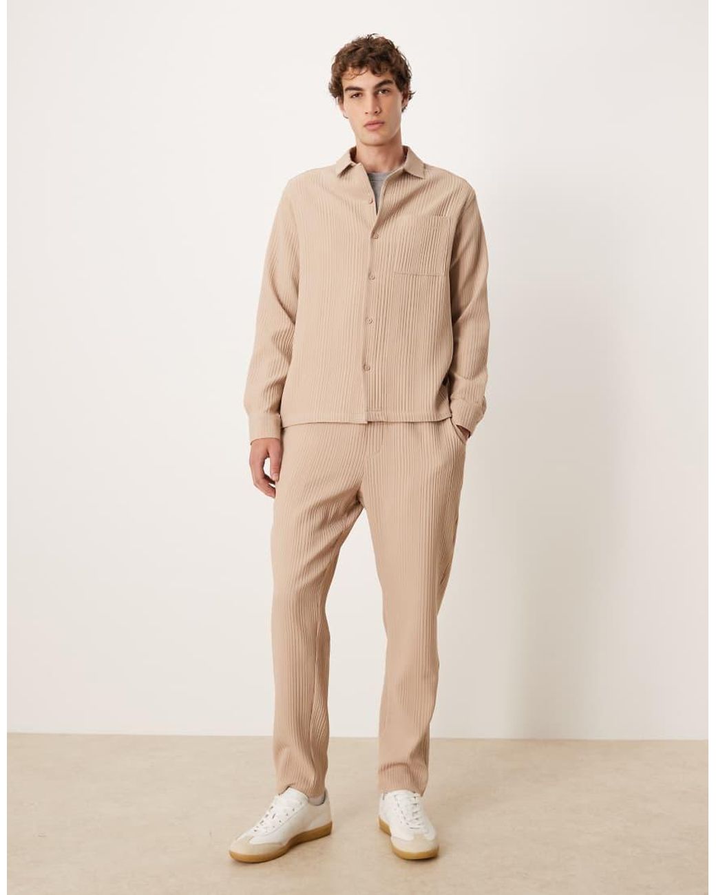 ASOS Natural Co-ord Relaxed Revere Plisse Shirt for men