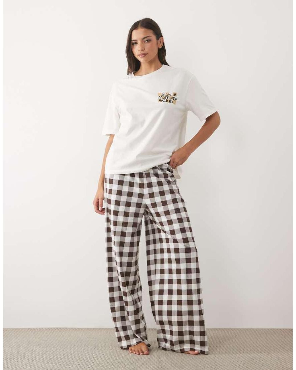 ASOS White Oversized Tee And Check Wide Leg Pant Pyjama Set With Slow Mornings Graphic