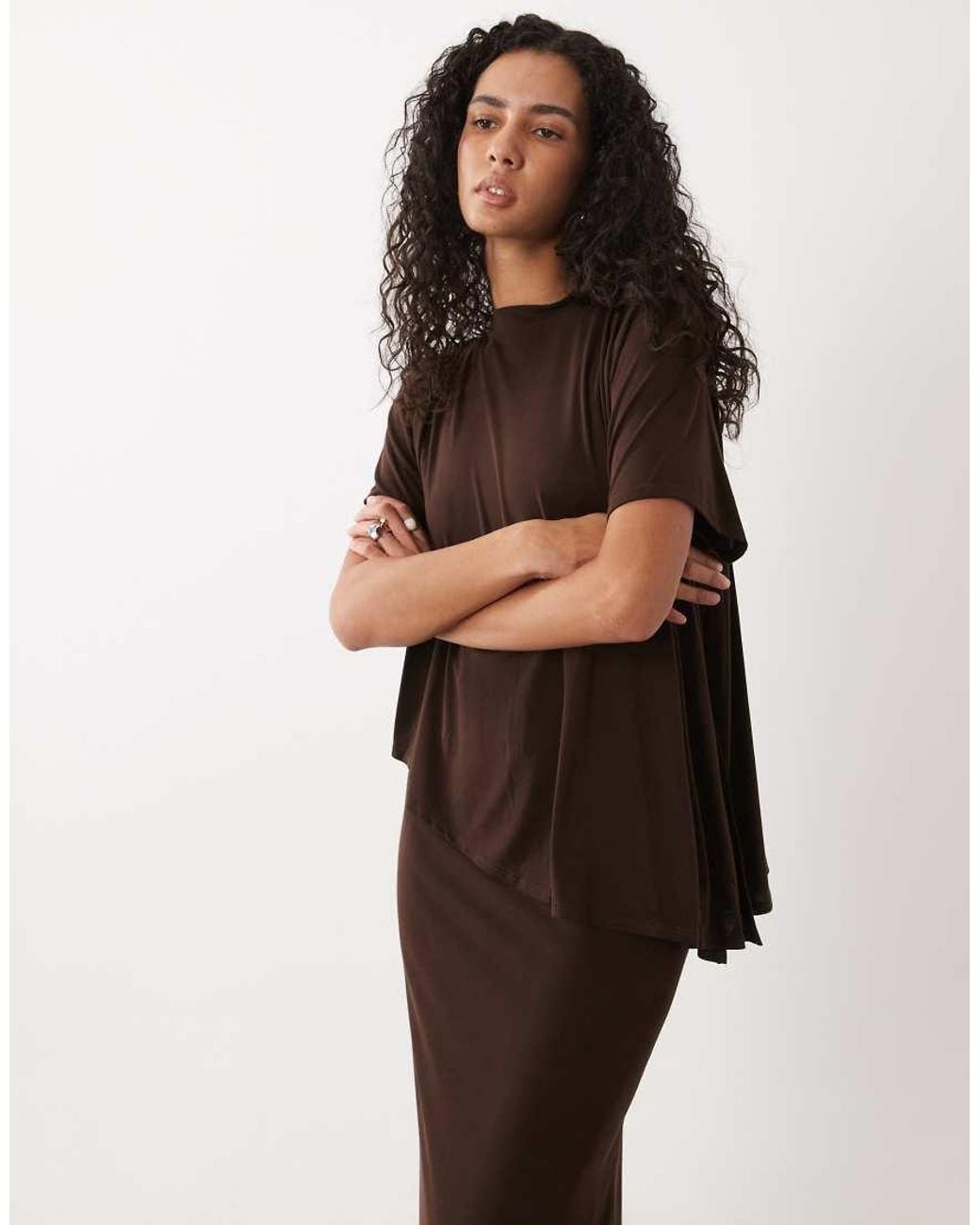 ASOS Brown Modal Short Sleeve Maxi Dress With Cape Layer