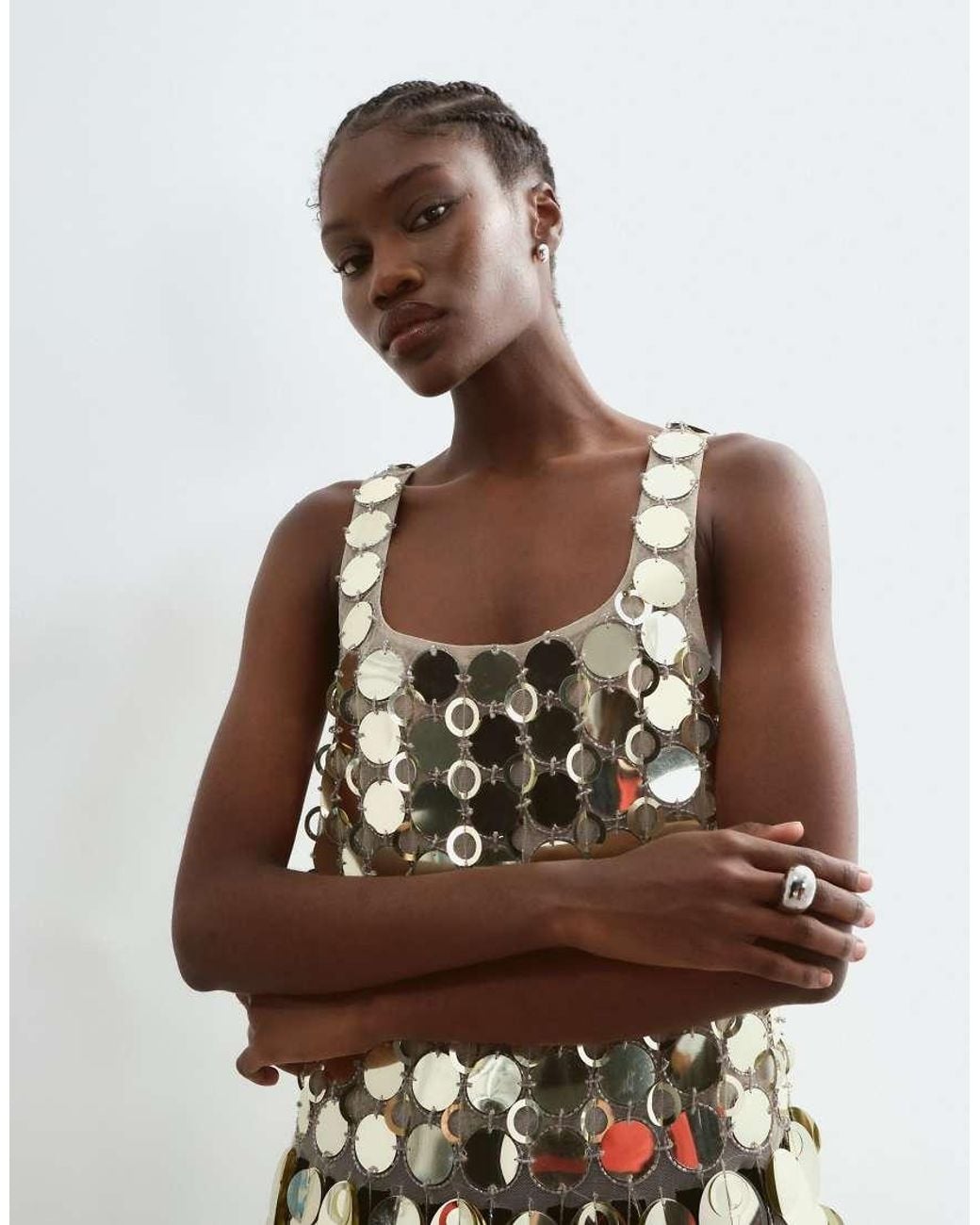 ARRANGE White Futurist Sequin Crop Top With Long 3d Fringe Hem