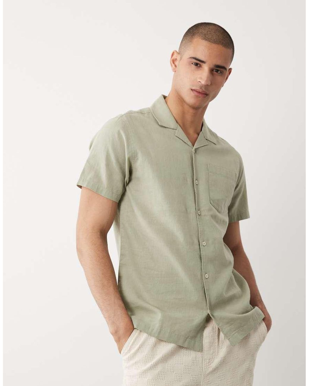 Threadbare Green Short Sleeve Linen Mix Shirt for men