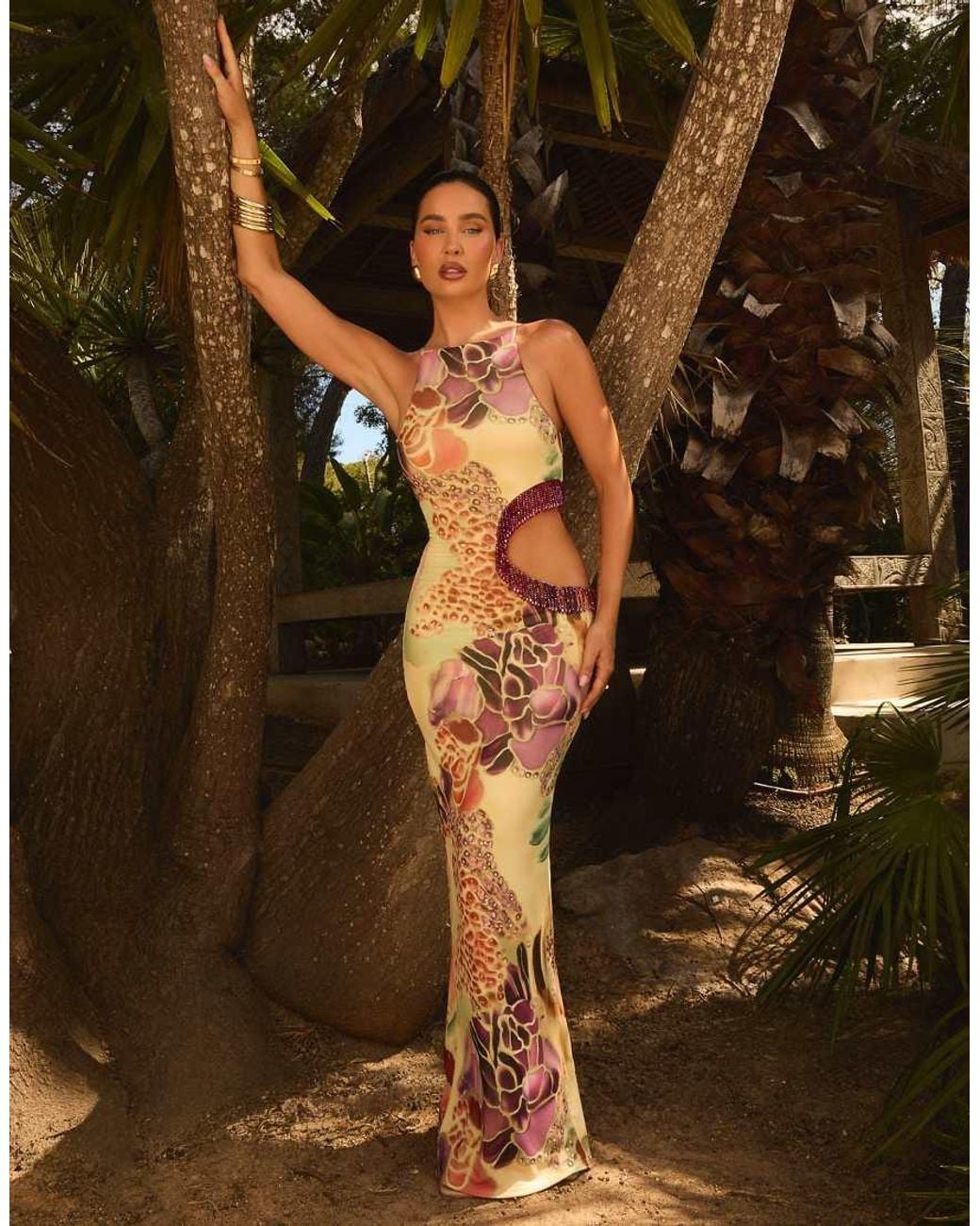 Wanderdoll Brown X Emma Milton Azura Premium Mesh Sculpt Cut Out Embelished Detail Maxi Dress