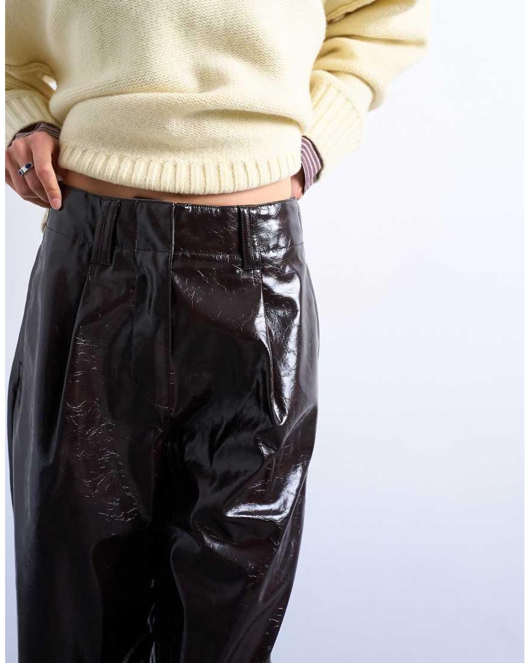 TOPSHOP White High Shine High Waist Faux Leather Pleated Straight Leg Trouser