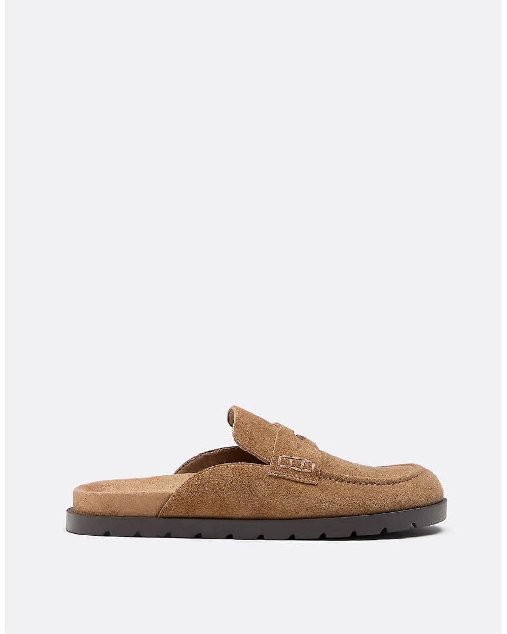 Stradivarius Brown Backless Leather Loafer Clogs