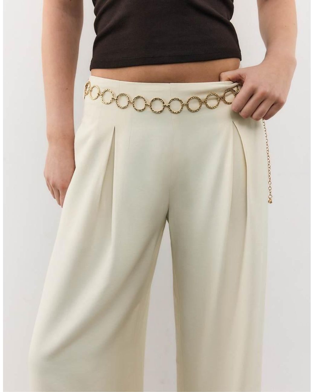 Stradivarius Natural Petite Satin Trousers With Darts And Chain