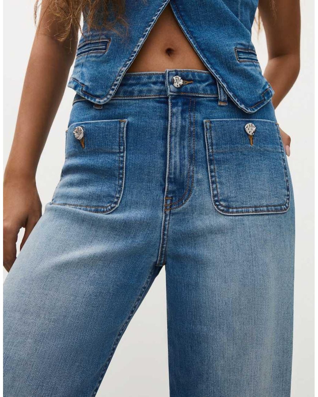 Bershka Blue Wide-leg Jeans With Button Detail