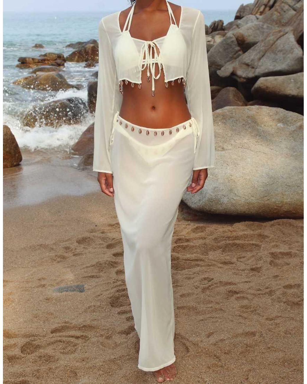 Moda Minx Natural Chiffon Long Sleeve Top With Shell Detail