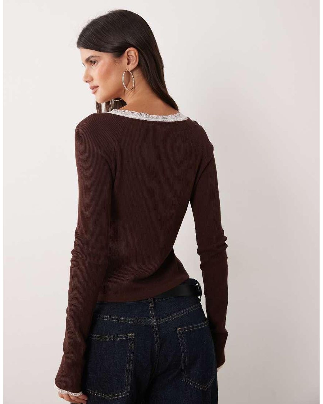 Miss Selfridge Brown Rib Knit Lace Button Up Long Sleeve Top