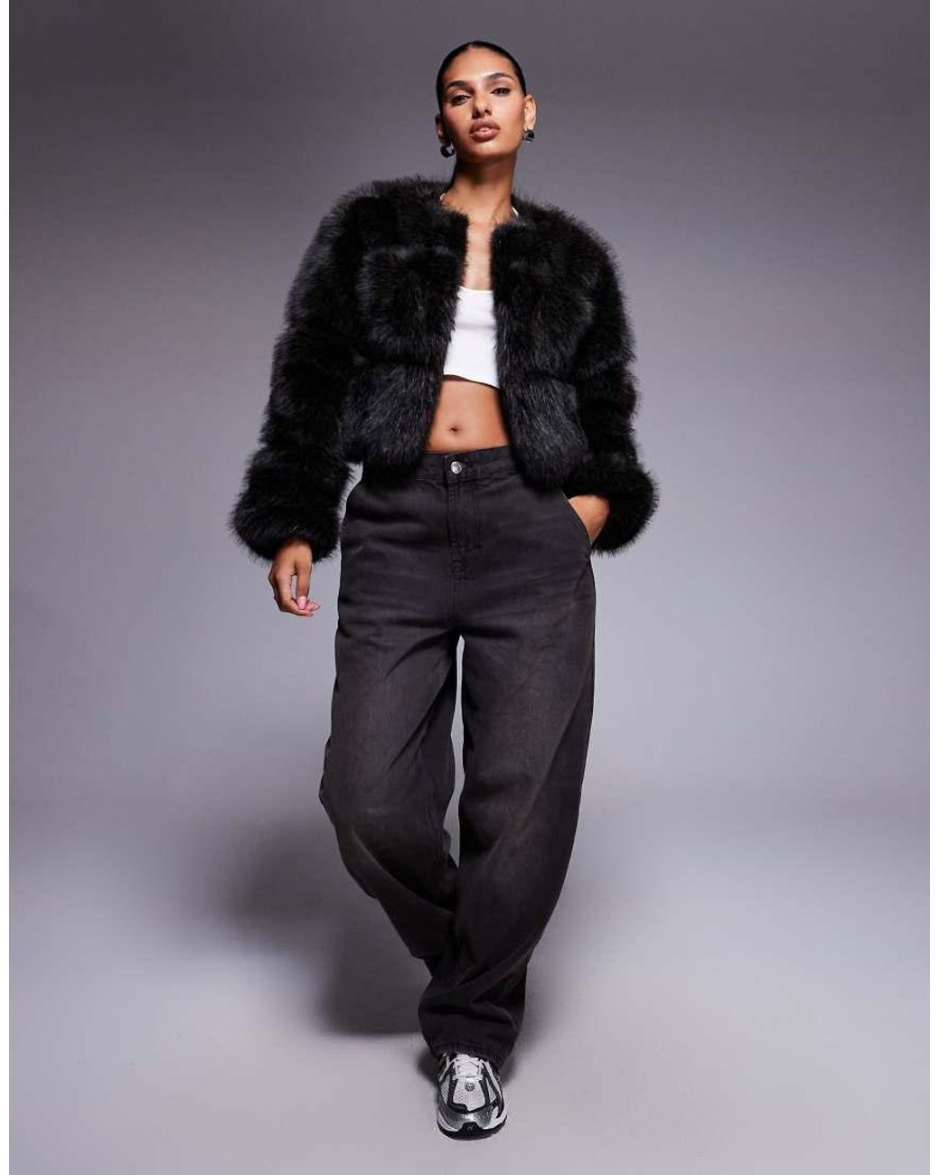 River Island Black Cropped Faux Fur Panelled Jacket