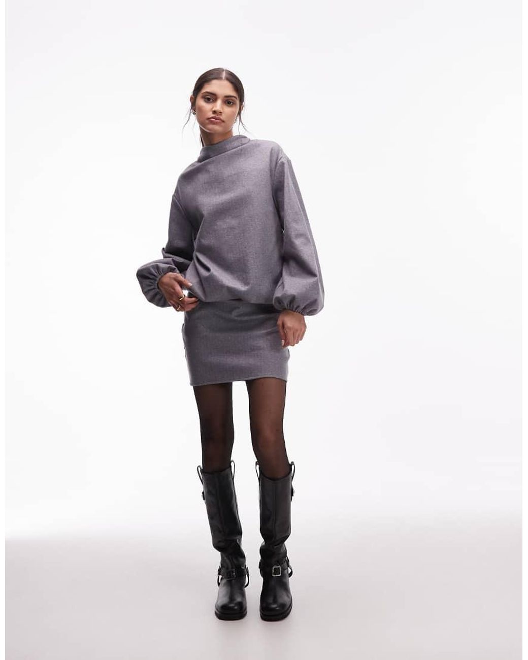 ASOS Gray Blouson High Neck Barrel Sleeve Mini Dress