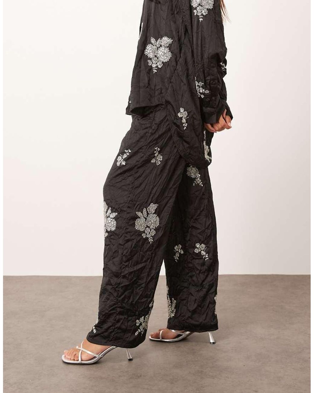 ARRANGE Natural Crinkle Satin Floral Embellished Trouser Co-Ord