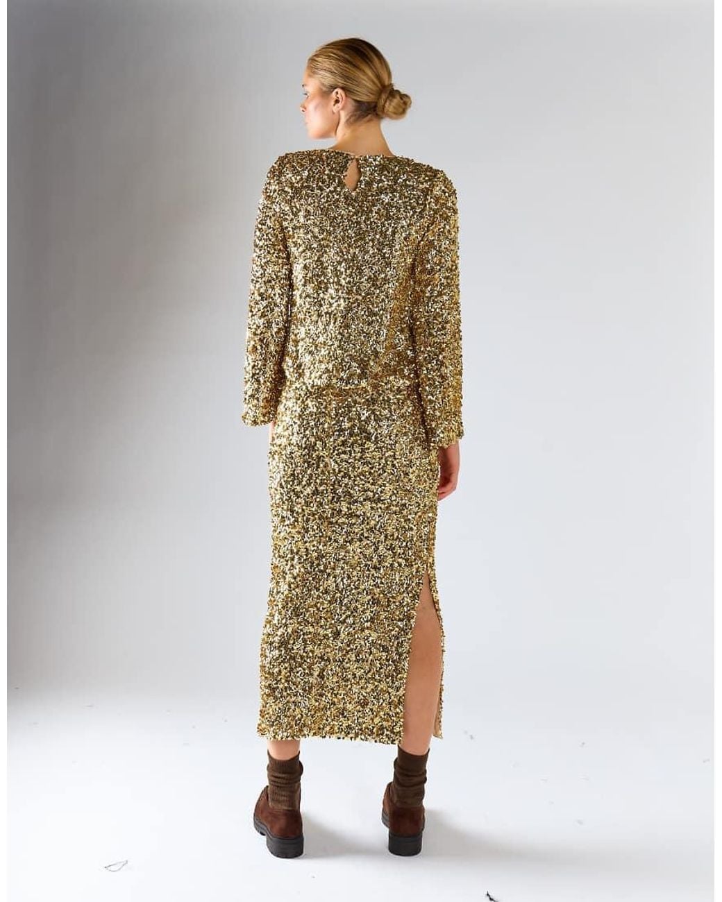 Glamorous Metallic Side Slit Midi Skirt
