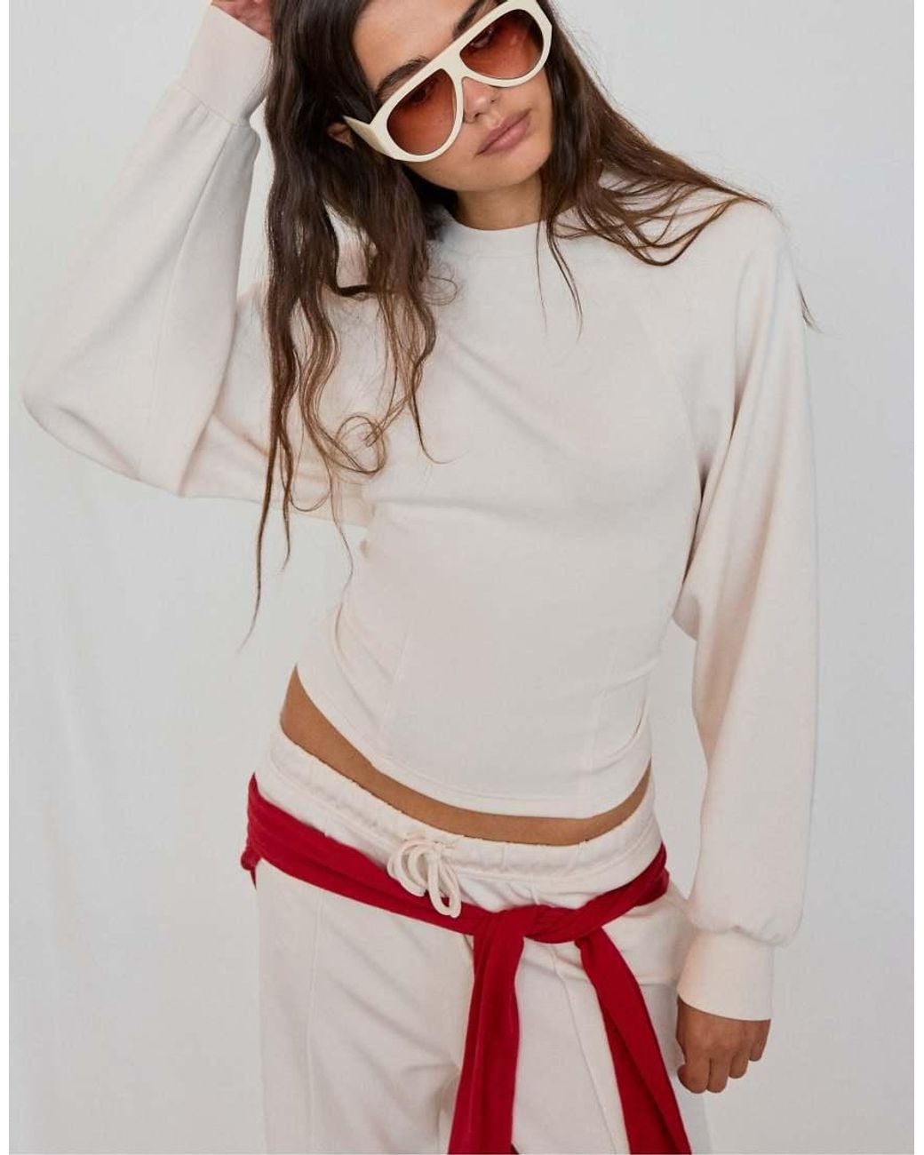 Stradivarius White Soft-touch Fitted Waist Sweatshirt