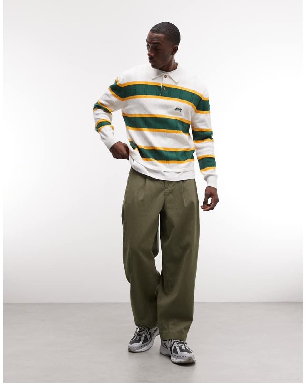 BLKVIS Green Cable Knit Stripe Long Sleeve Polo Shirt for men