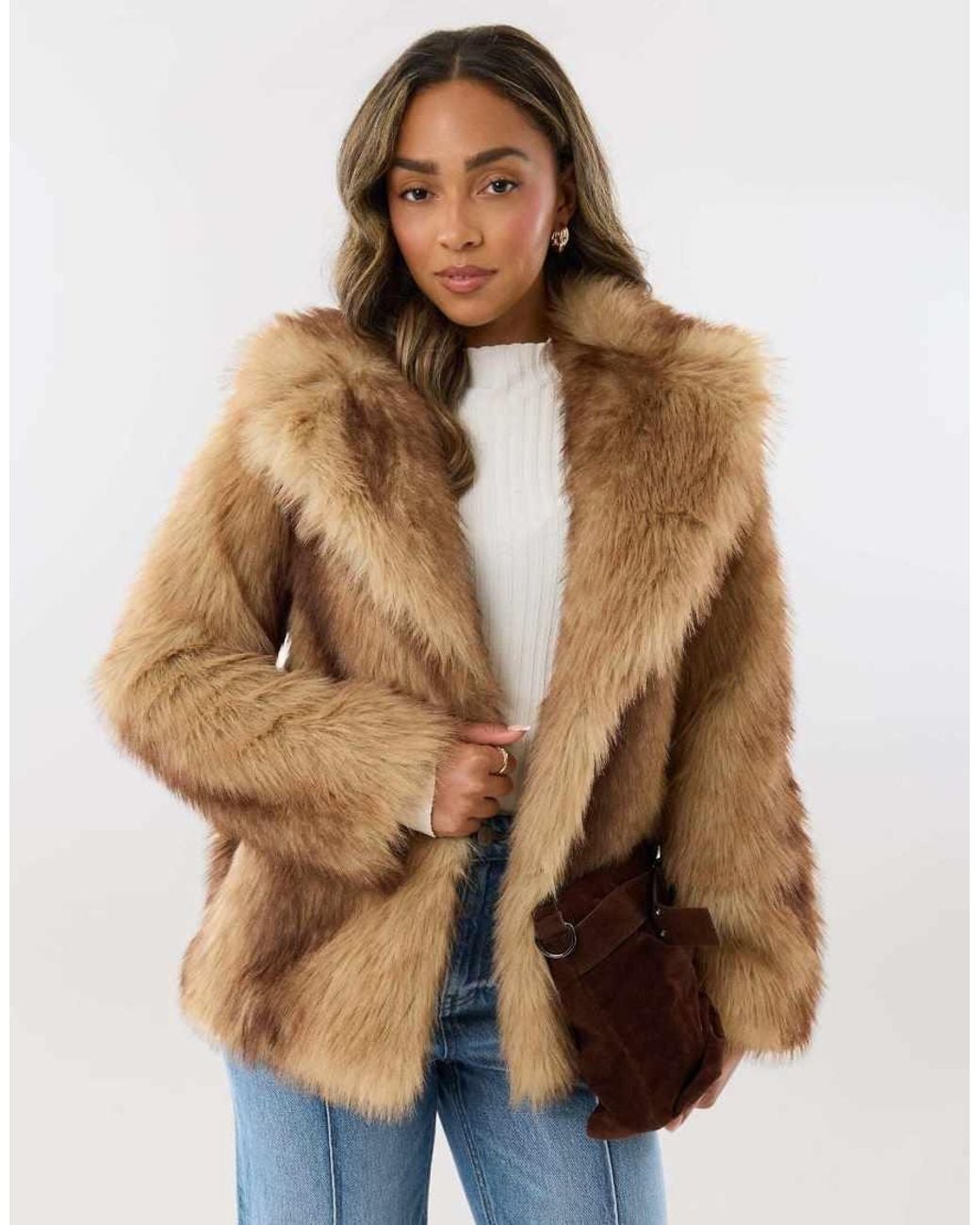 Threadbare Brown Oversized Collar Faux Fur Coat