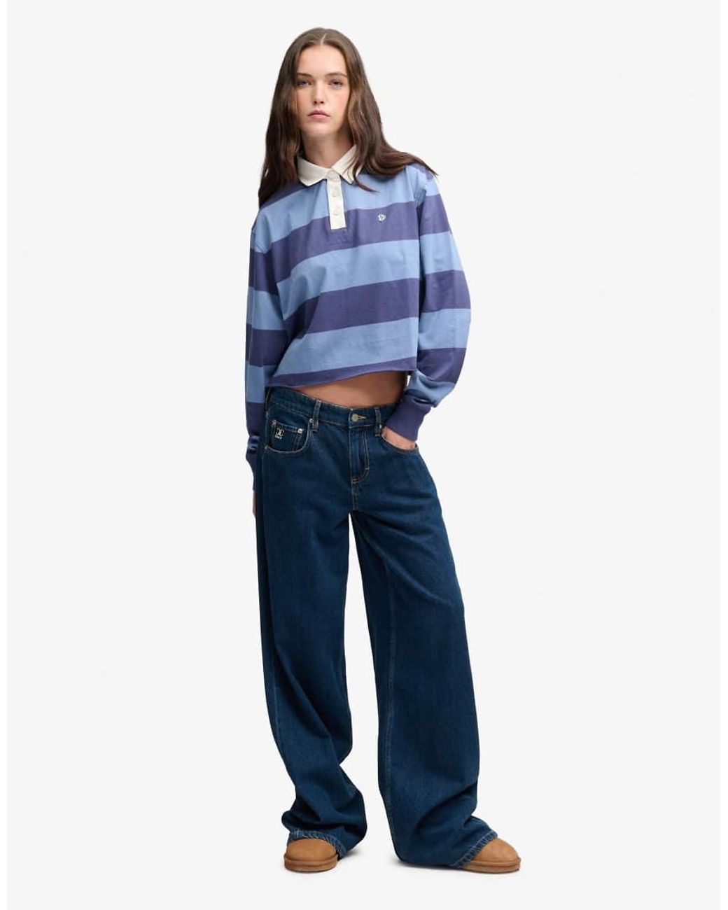 Superdry Blue Athletic Essential Cropped Stripe Rugby Top