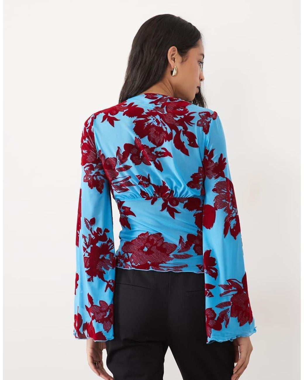ASOS Blue Tie Neck Flocked Drape Sleeve Blouse