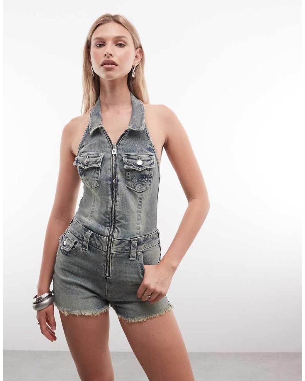 True Religion Multicolor Jennie Denim Zip Up Halterneck Romper