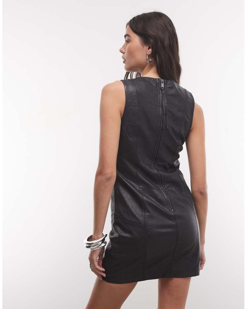 AllSaints Black Vee Sleeveless Fitted Leather Mini Dress