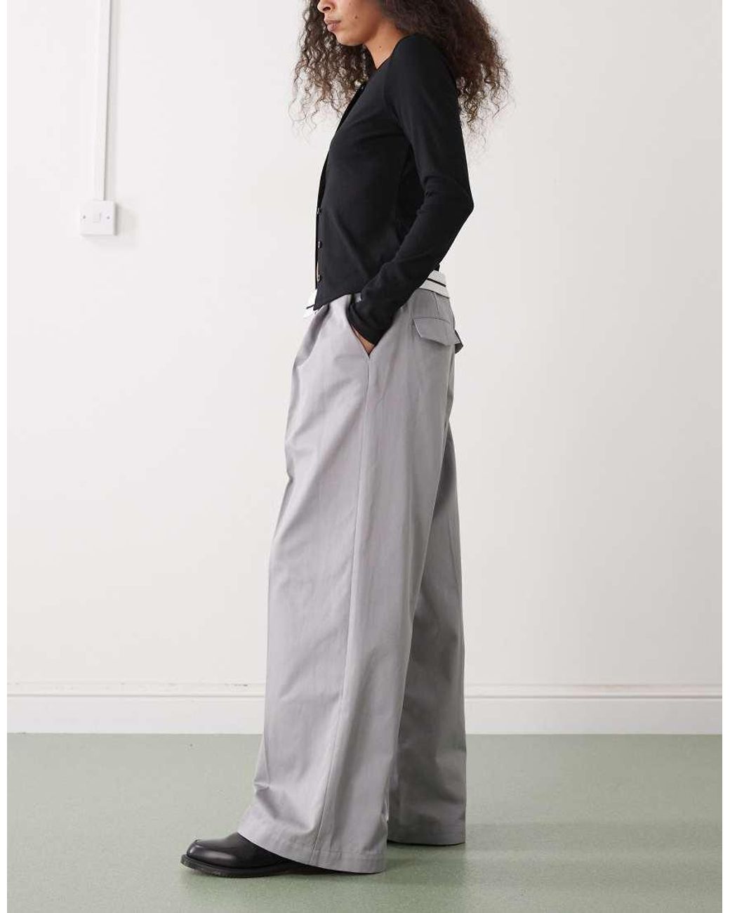 Monki Gray Wide Leg Twill Pants With Fold Over Waist