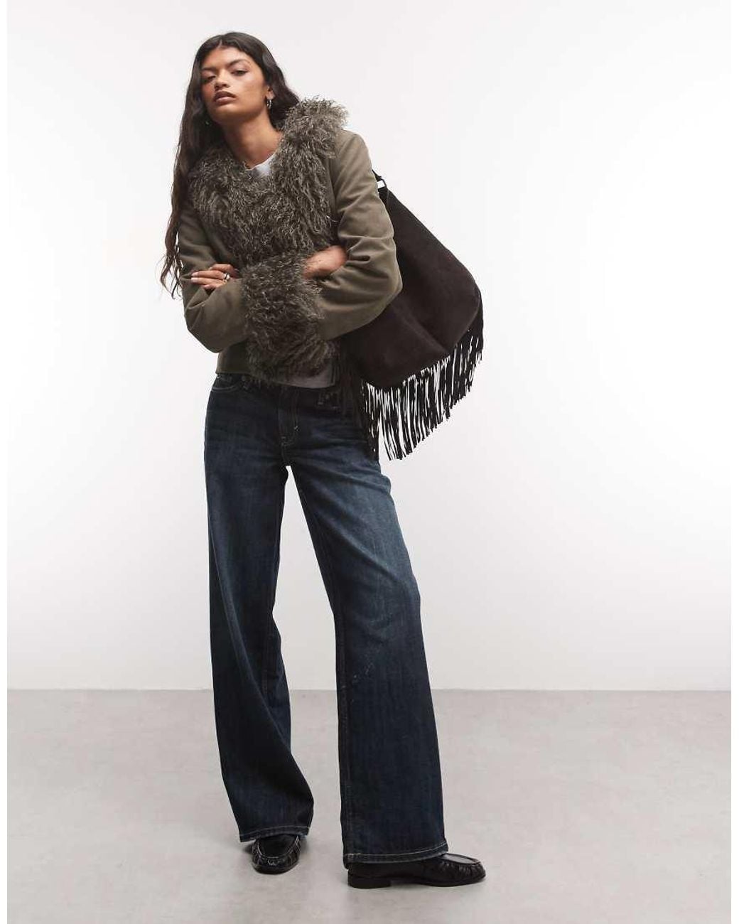 Collusion Brown Faux Fur Trim Afghan Jacket