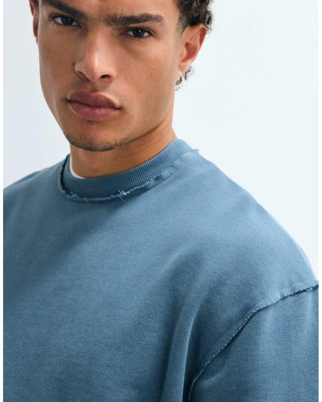 ASOS Blue Washed Sweatshirt With Print And Raw Edges And Inside Out Seams for men