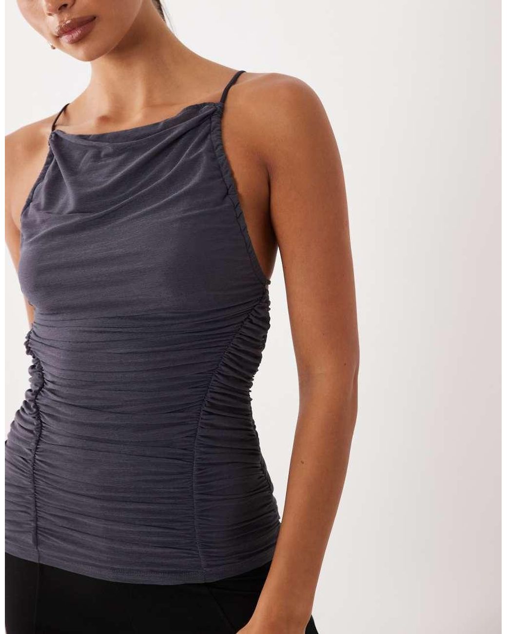 ASOS Black Mesh Ruched Detail Strappy Top